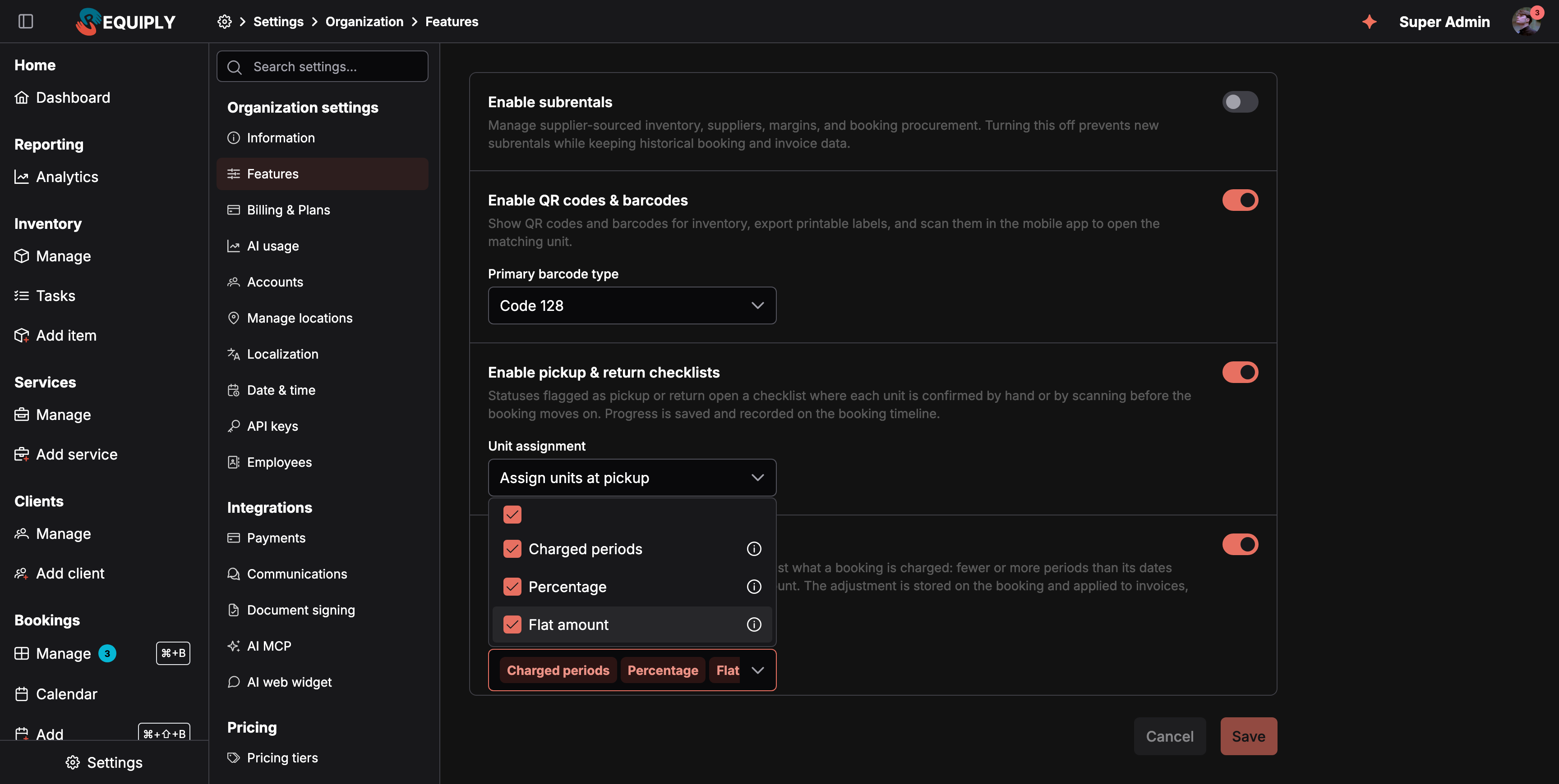 The Features page with Enable pickup and return checklists and Enable booking cost adjustments switched on. The Adjustment types list is open and shows Charged periods, Percentage and Flat amount, all ticked, each with an info icon.
