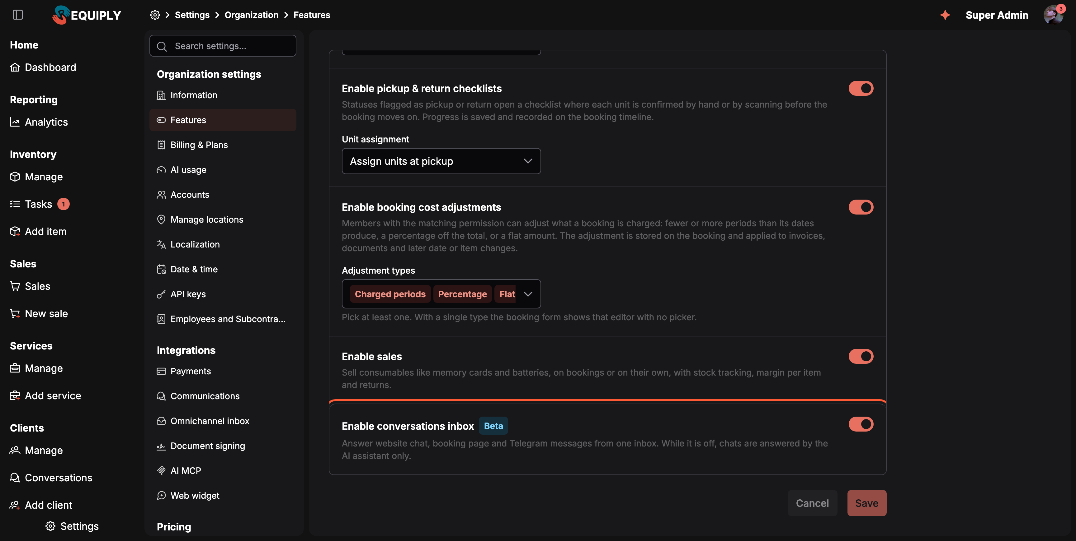 The Features page scrolled to the bottom. The highlighted last row reads Enable conversations inbox with a blue Beta tag and the description: Answer website chat, booking page and Telegram messages from one inbox. While it is off, chats are answered by the AI assistant only. Its toggle is on