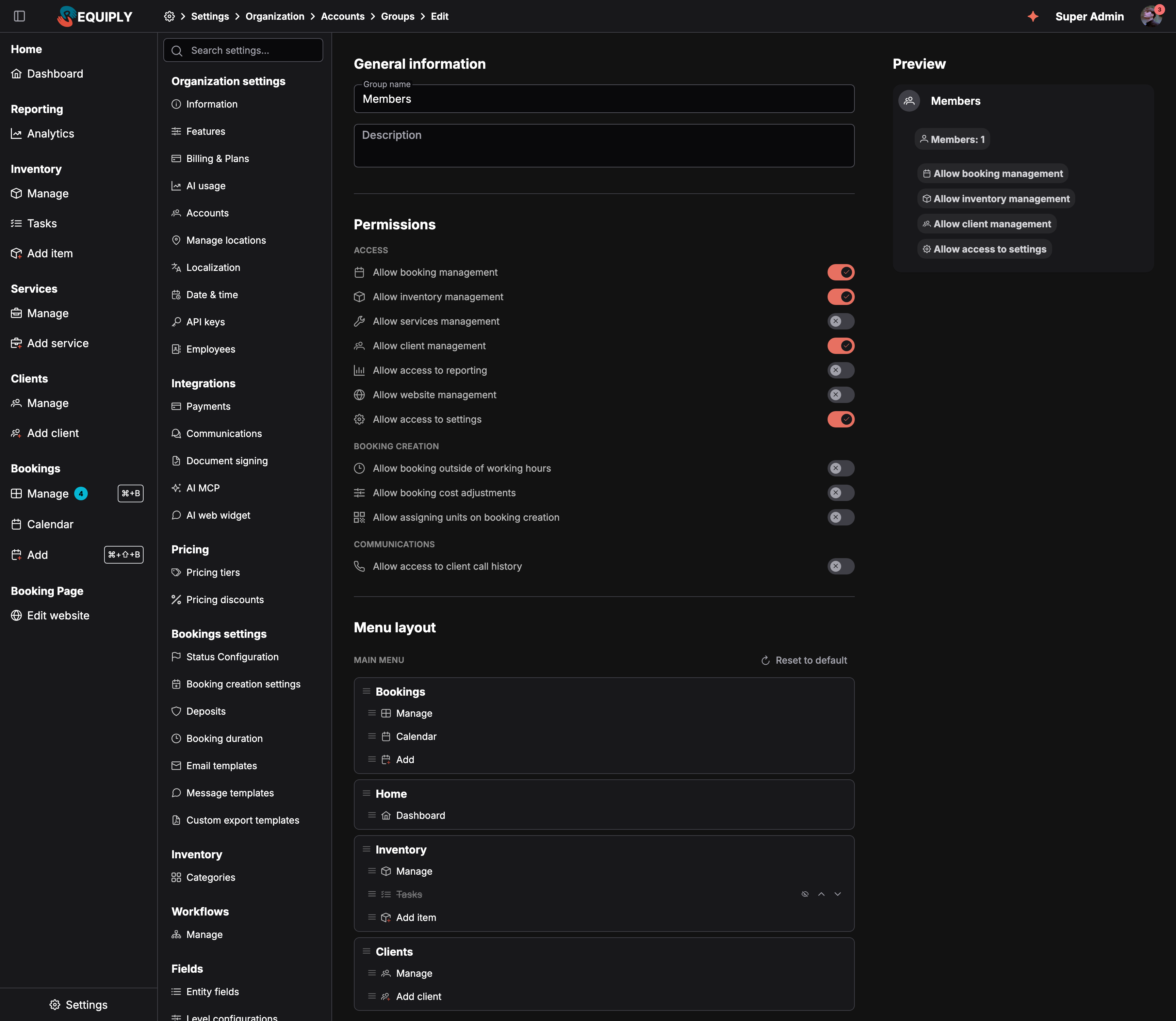 Editing the Members permission group. Allow booking management, Allow inventory management, Allow client management and Allow access to settings are on. Below, the Menu layout section shows the main menu with Bookings moved to the top, then Home, Inventory with Tasks hidden and struck through, and Clients. A Reset to default link sits at the top right.
