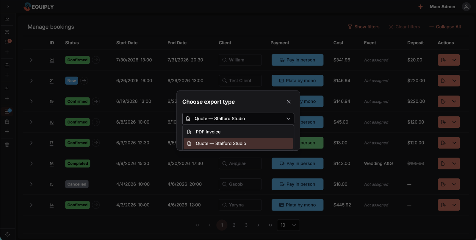 The Choose export type dialog on the bookings table with the select open, listing PDF Invoice and a custom document template