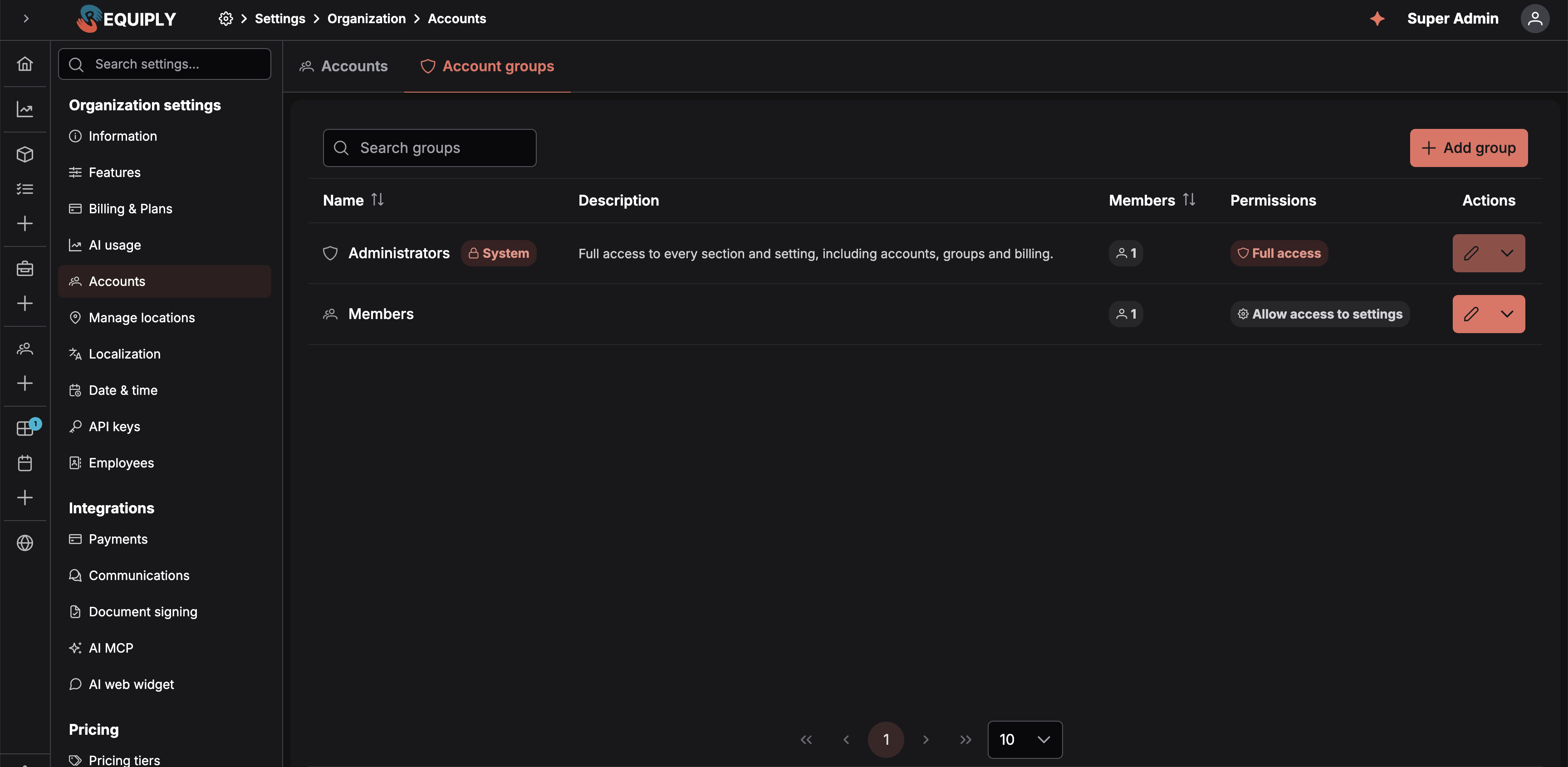 The Account groups tab: a search box, an Add group button, and a table listing each group with its name, description, member count, permission summary, and an actions button